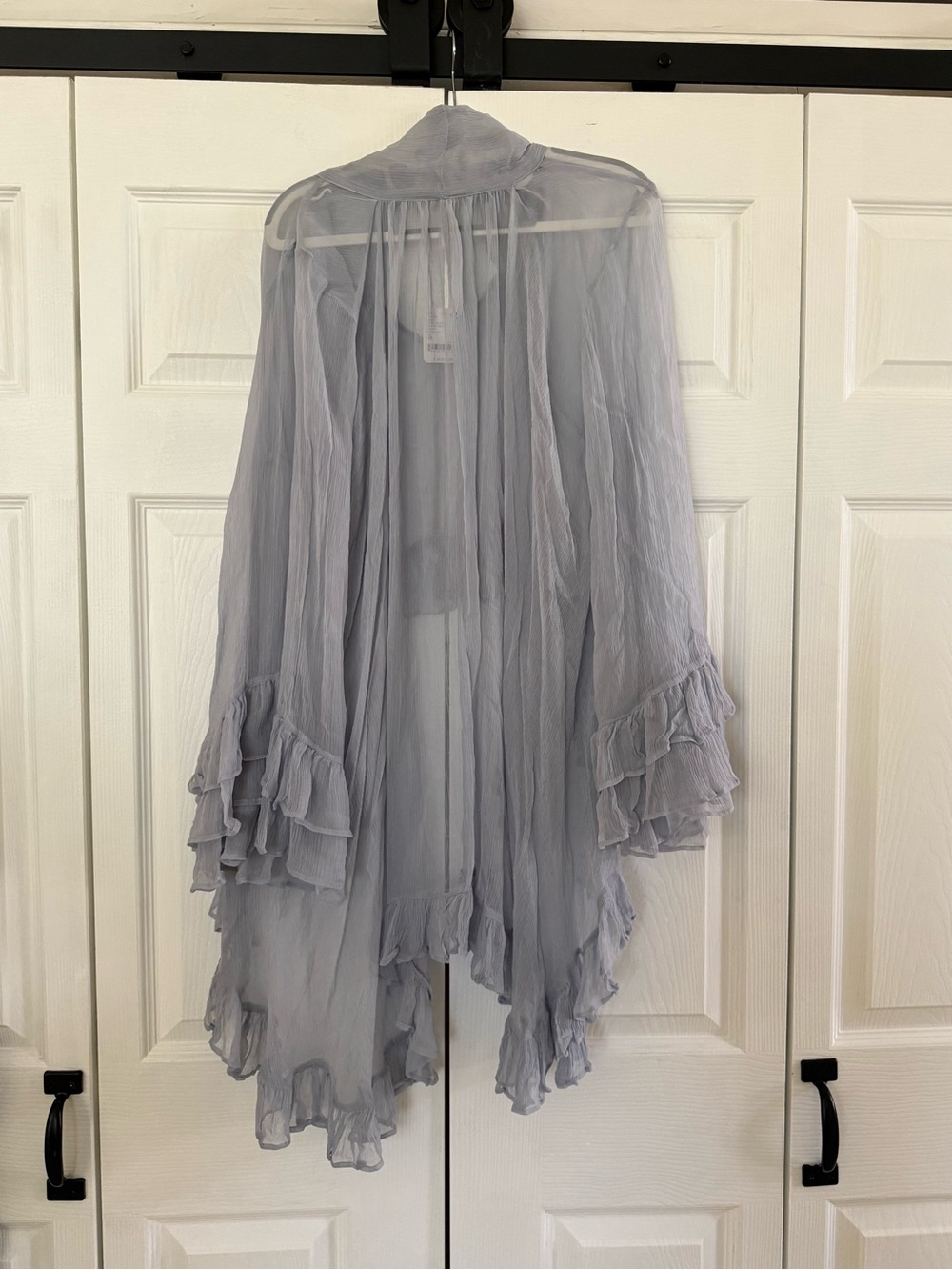 Free People Full Sleeve Frill Top Gray Dawn Light Grey Sheer Ruffle Festival SZM - Picture 5 of 7